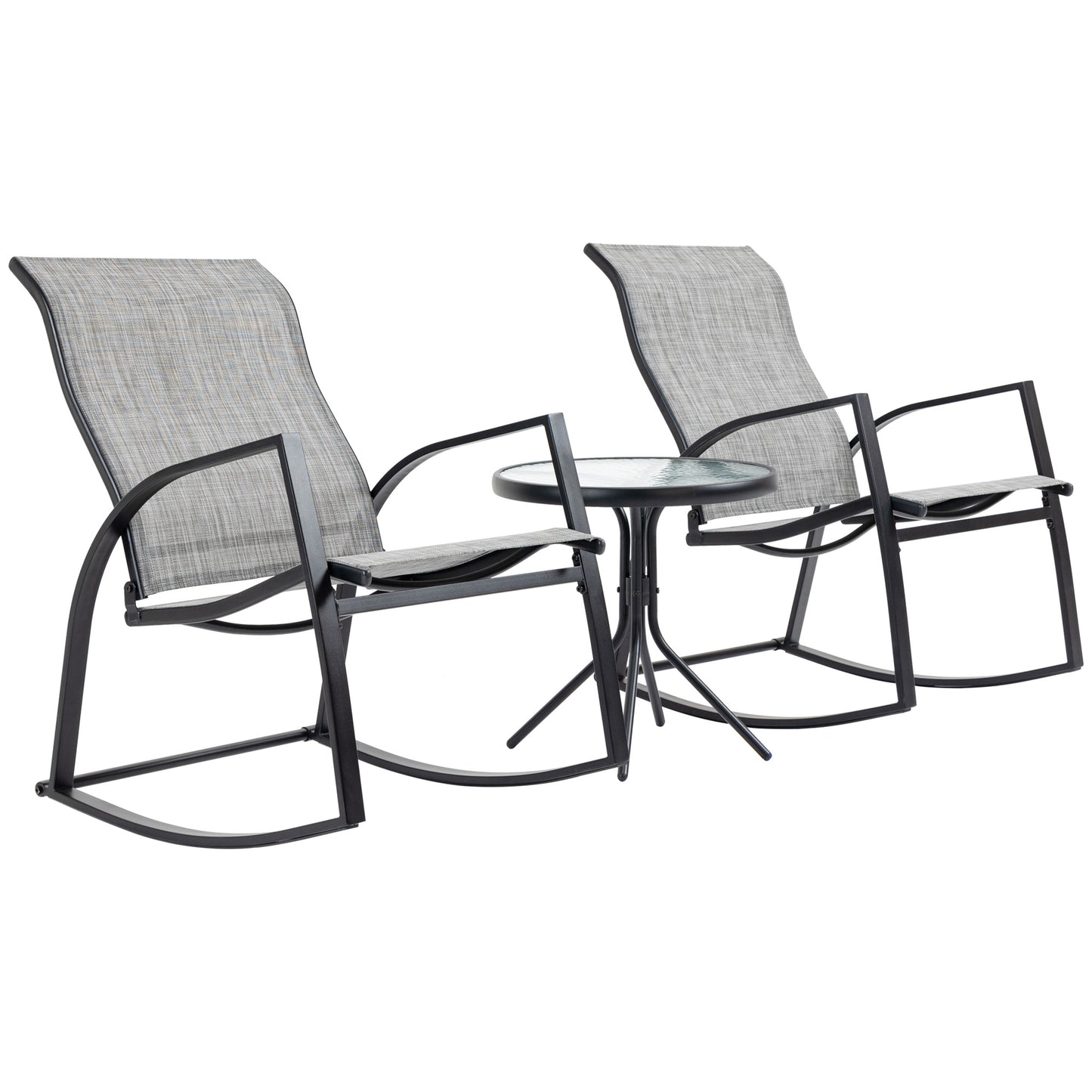Outsunny 3 Piece Outdoor Patio Bistro Set w/ 2 Rocking Chairs and Tempered Glass Table for Garden, Porch, Poolside, Grey