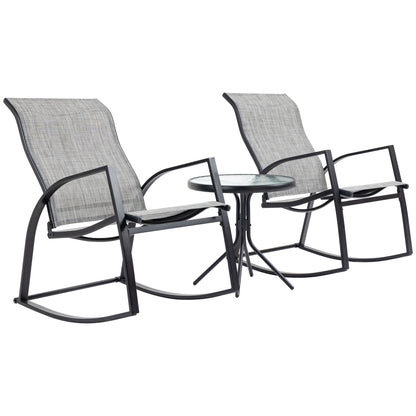 Outsunny 3 Piece Outdoor Patio Bistro Set w/ 2 Rocking Chairs and Tempered Glass Table for Garden, Porch, Poolside, Grey
