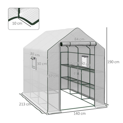 Outsunny Walk-in Greenhouse w/ 3 Tier Shelves, Green House Garden Grow House w/ PE Cover, Roll-up Door, Mesh Windows, 140 x 213 x 190cm, White