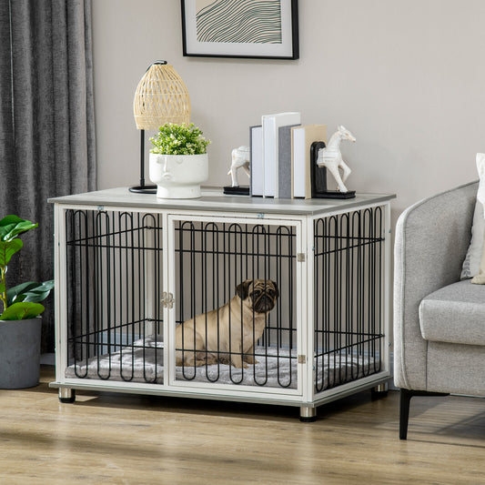 Dog Crate Furniture Side Table | Washable Cushion | Lockable Door | Steel Wire Ventilation | Small & Medium Dogs up to 20kg | 90 x 58 x 62.5cm | Graphite