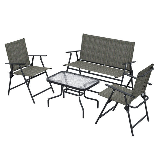 Outsunny Outdoor 4 Pieces Patio Furniture Set with Breathable Mesh Fabric Seat & Backrest, Garden Set with Two Foldable Armchairs, a Loveseat & Glass Top Table, Mixed Brown