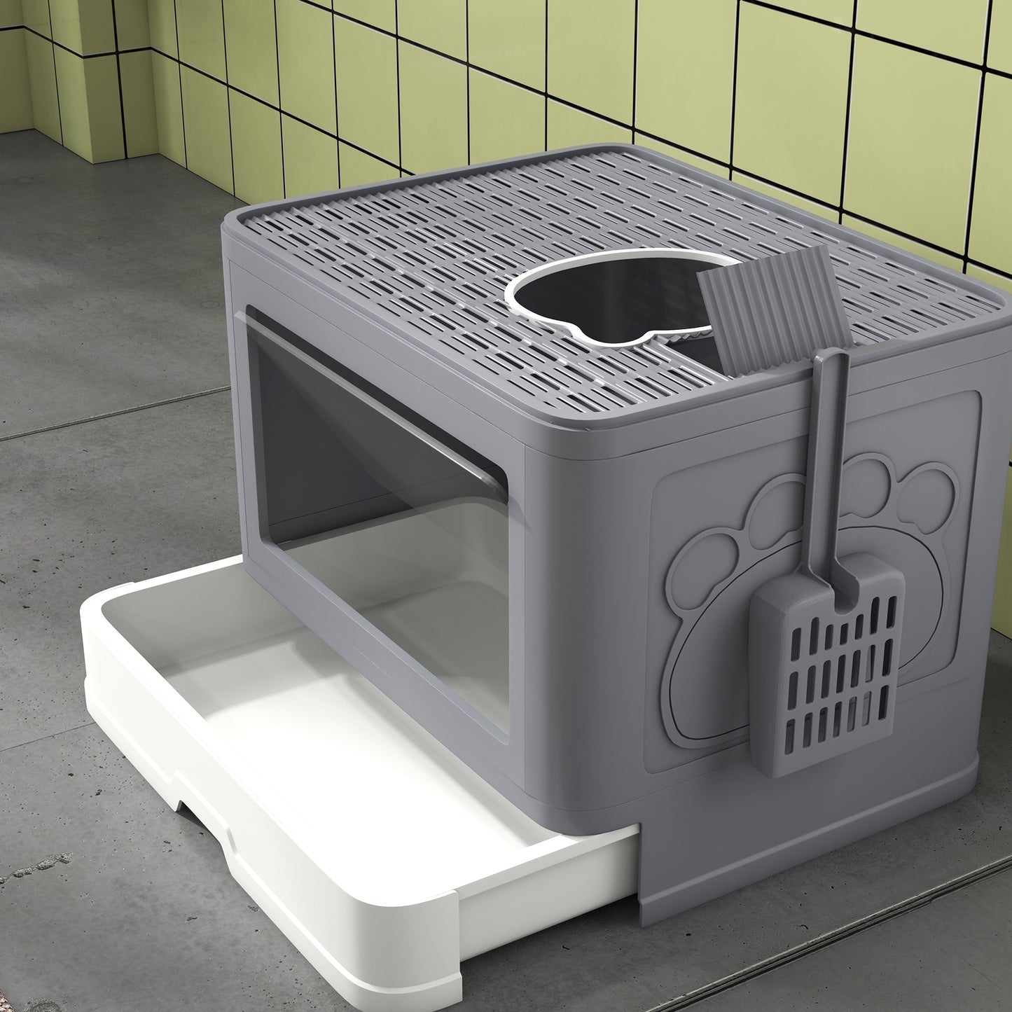 PawHut Cat Litter Box Enclosed with Lid Front Entry Top Exit, Drawer Tray, Scoop, Brush, 48.5 x 38 x 36.5cm - Grey
