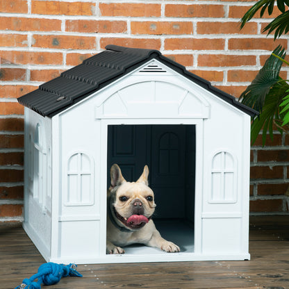 Plastic Dog Kennel House | Weatherproof | Slanted Roof | Cottage Windows | No-Tool Assembly | Medium Dogs up to 20kg | 65 x 75.7 x 63cm | Grey