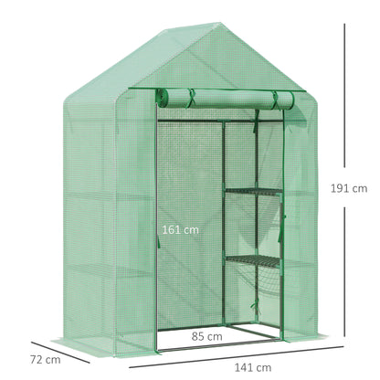 Outsunny Walk-In Greenhouse Portable Gardening Plant Grow House with 2 Tier Shelf, Roll-Up Zippered Door and PE Cover, 141 x 72 x 191 cm