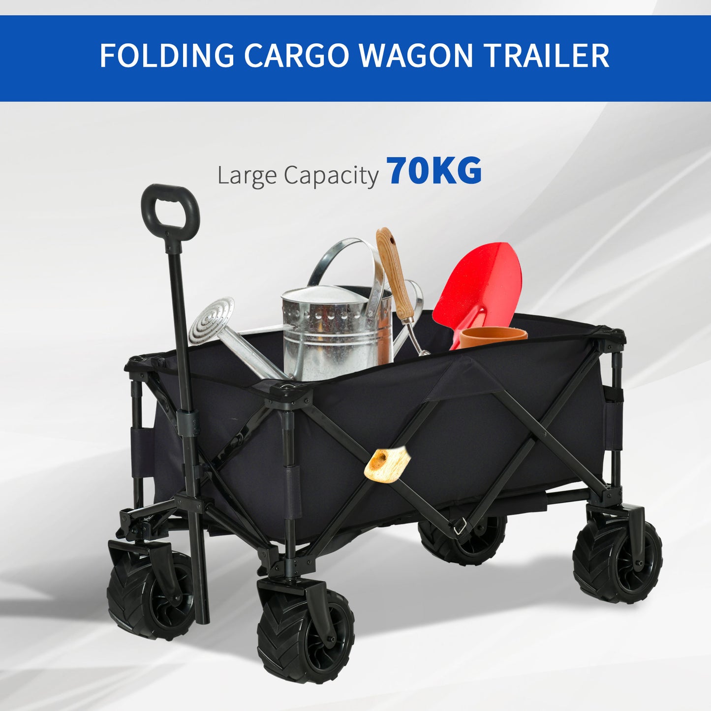 Outdoor Folding Garden Trolley on Wheels, Camping Cargo Wagon Cart Trailer w/ Handle, Wheels for Beach Garden, Black