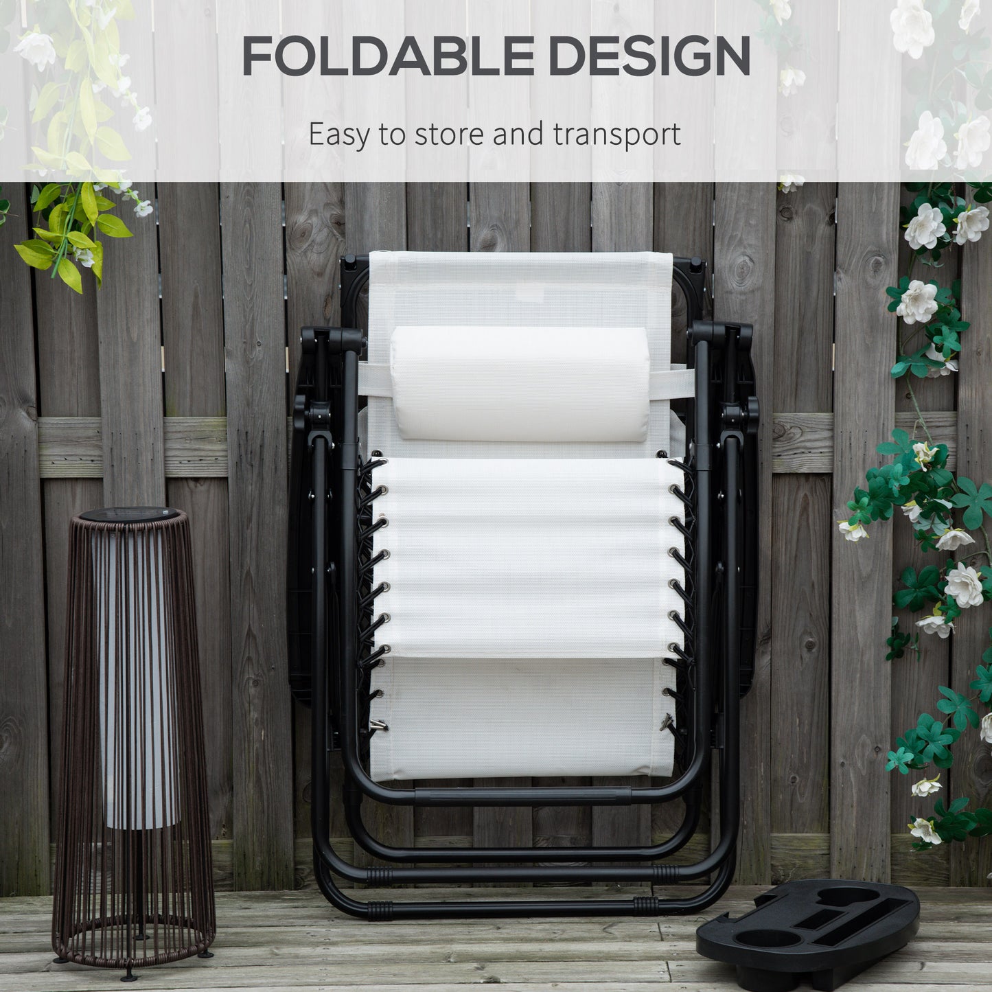 Zero Gravity Garden Deck Folding Chair Patio Sun Lounger Reclining Seat with Cup Holder & Canopy Shade - White