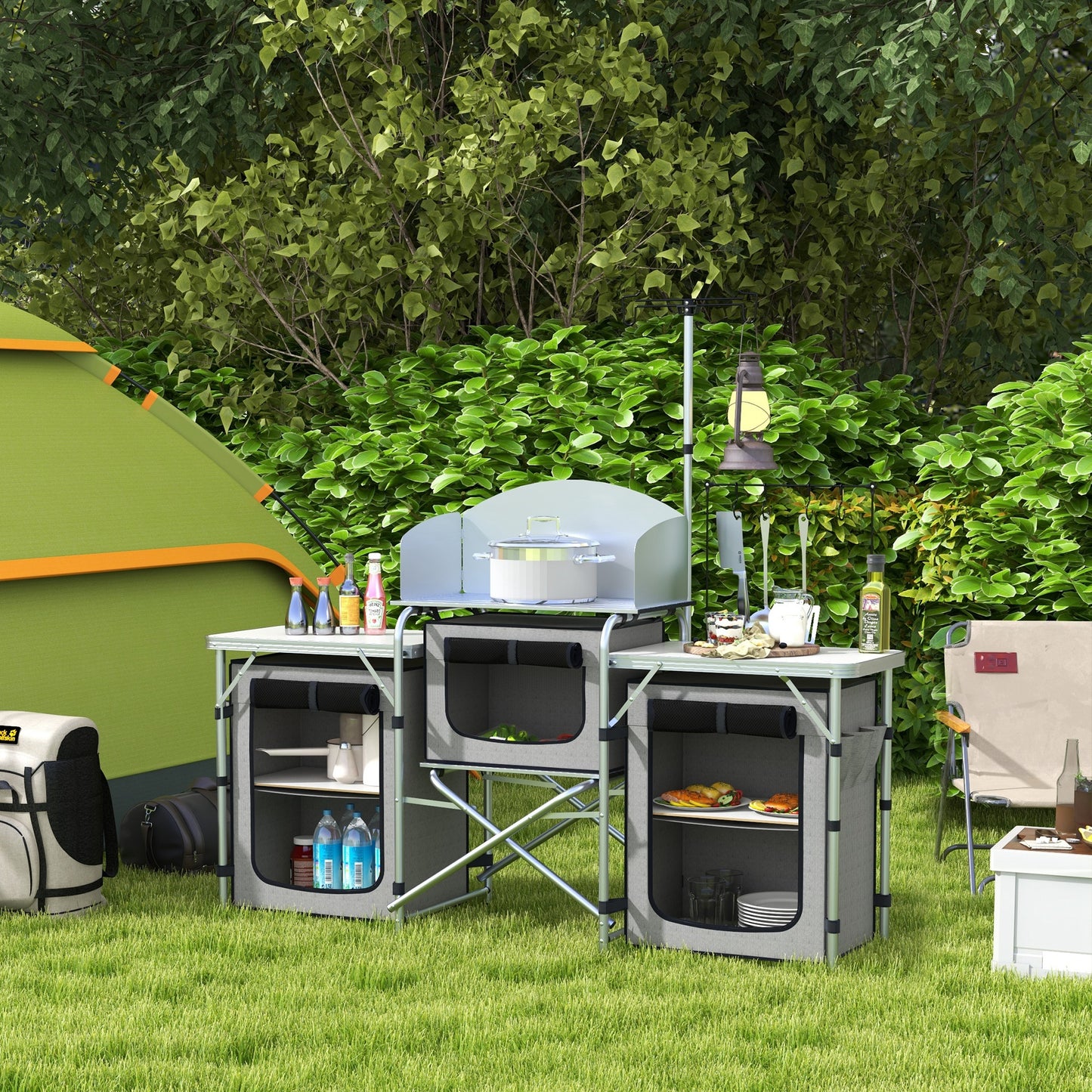 Folding Camping Kitchen, Portable Aluminium Camping Table with 3 Fabric Cupboards, Windshield, Light Stand, Carrying Bag for BBQ, RV, Picnic - Grey