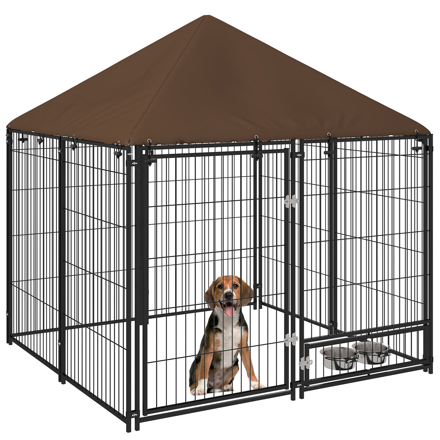 Outdoor Dog Kennel & Playpen | Waterproof Canopy | Lockable Gate | Rotating Bowl Holder | 2 Bowls Included | 141 x 141 x 151cm | Brown