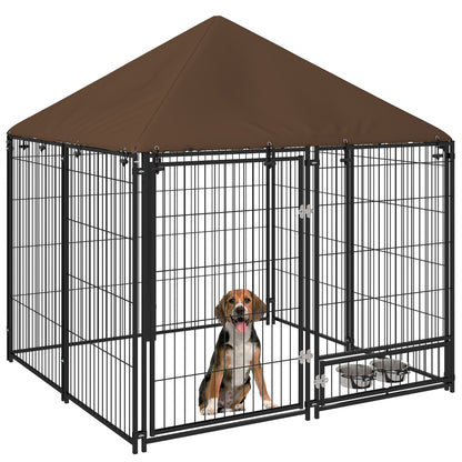 Outdoor Dog Kennel & Playpen | Waterproof Canopy | Lockable Gate | Rotating Bowl Holder | 2 Bowls Included | 141 x 141 x 151cm | Brown