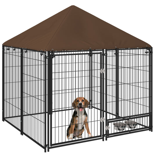 Outdoor Dog Kennel & Playpen | Waterproof Canopy | Lockable Gate | Rotating Bowl Holder | 2 Bowls Included | 141 x 141 x 151cm | Brown