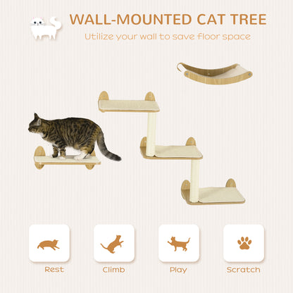 PawHut 3 Piece Wall Mounted Cats Shelves, Cat Climbing Shelf Set, Kitten Activity Center with Jumping Platforms Hammock Scratching Post, Oak