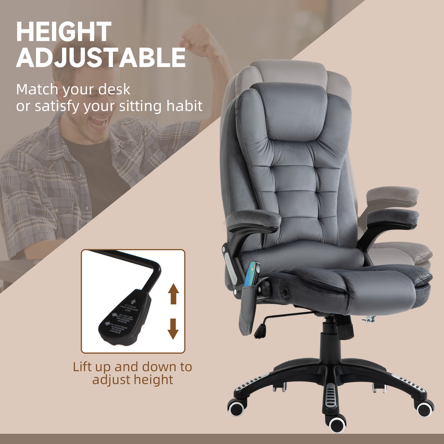 Heated Massage Recliner Office Chair | 6 Point Massage | Velvet-Feel Fabric | 130° Recline | 360° Swivel | Height Adjustable 107-116cm | 120kg | Grey