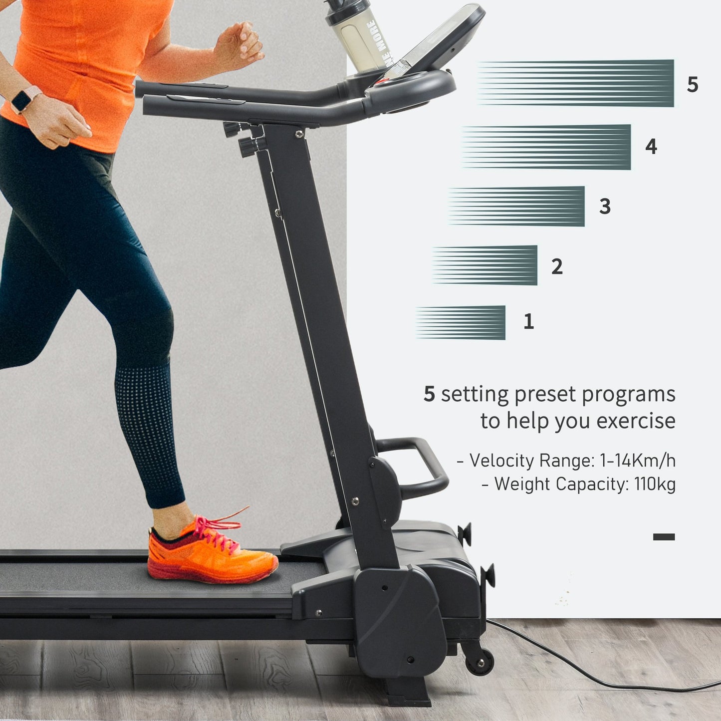 Treadmill Machine Electric Motorised Folding Running Machine MP3 & USB Player 5 Preset Programs w/ LCD Display, Drink Holders Black