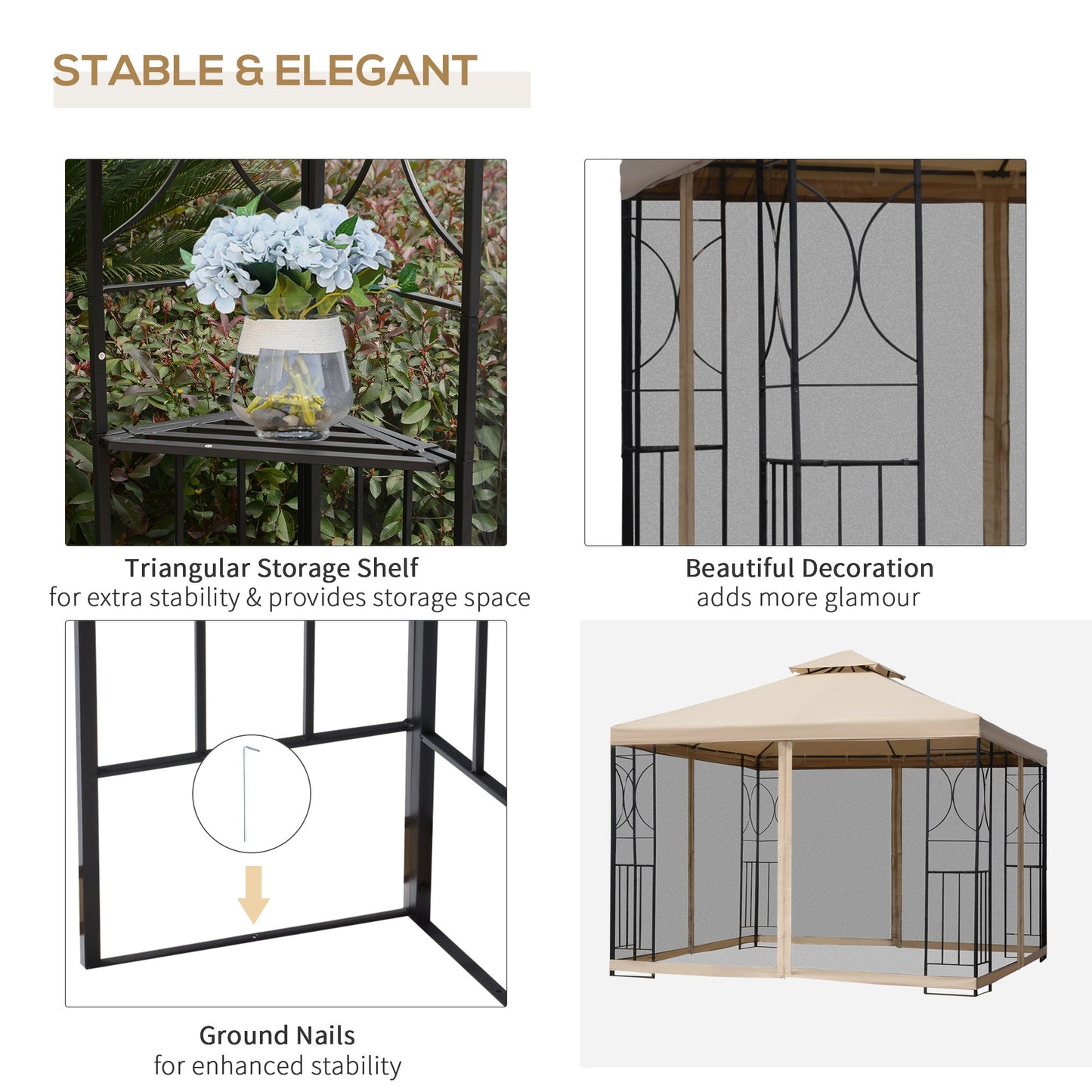 Outsunny 3x3m Garden Gazebo Tent W/Netting, 2-tier Roof