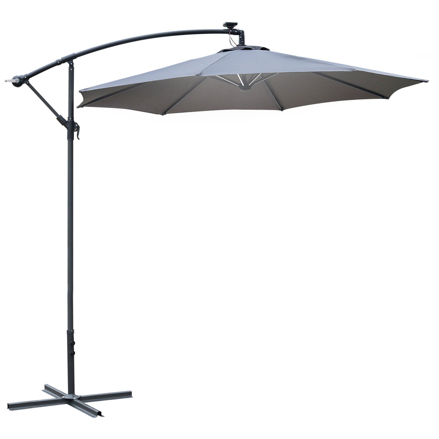 Outsunny 3(m) LED Banana Parasol Garden Cantilever Umbrella with Solar Lights, Crank Handle and Cross Base, Hanging Sun Shade, Grey
