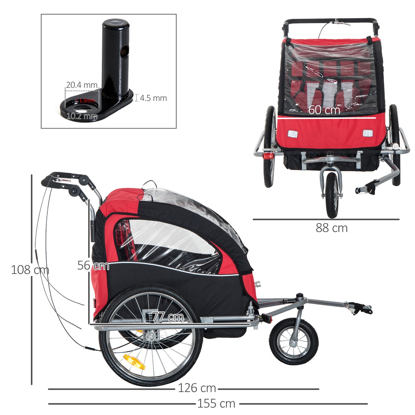 Bike Trailer 2-Seater for Bicycle Baby Child Carrier in Steel Frame (Black and Red)