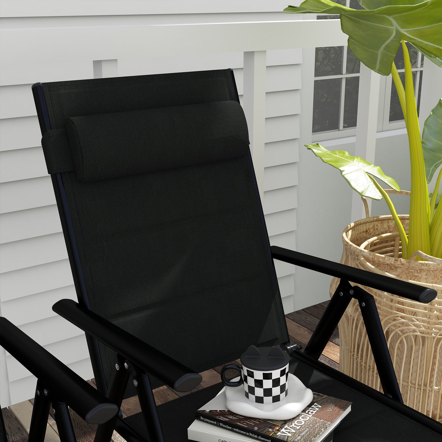 Set of 2 Patio Reclining Folding Aluminium Dining Camping Chairs With Breathable Mesh Fabric Padded Seat And Backrest, Headrest -  Black