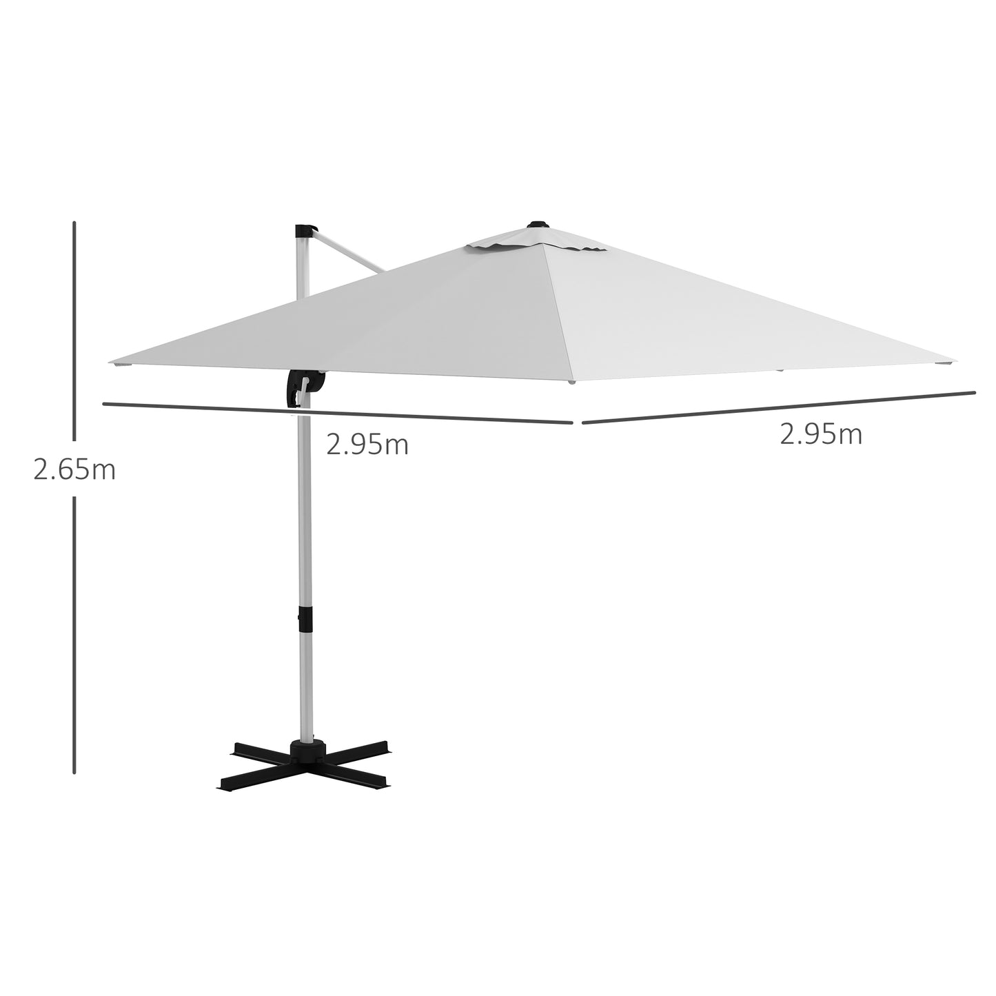 Outsunny 3 x 3(m) Square Cantilever Parasol with Cross Base, Crank Handle, Tilt, 360° Rotation and Aluminium Frame, White