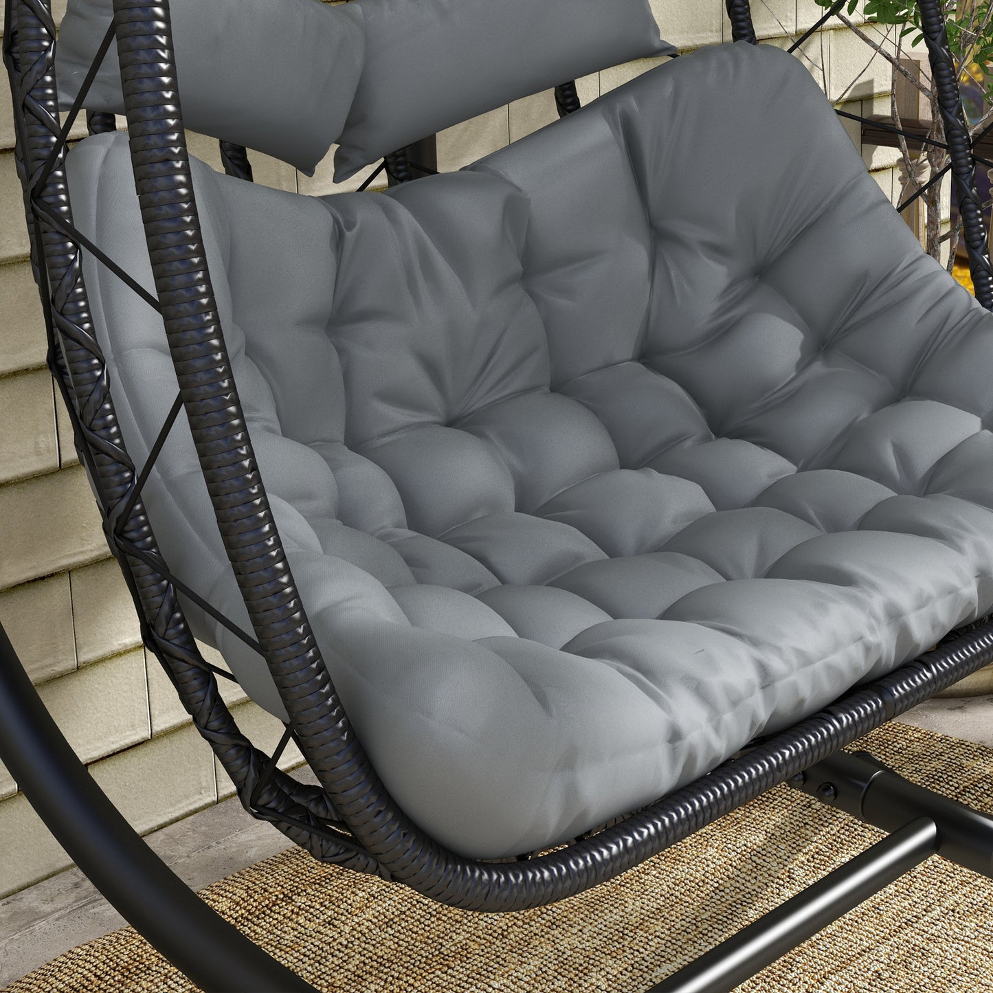Outdoor PE Rattan Double-seater Swing Chair With Thick Padded Cushion, Patio Hanging For Two With Metal Stand  Headrest For Indoor and Outdoor, Black