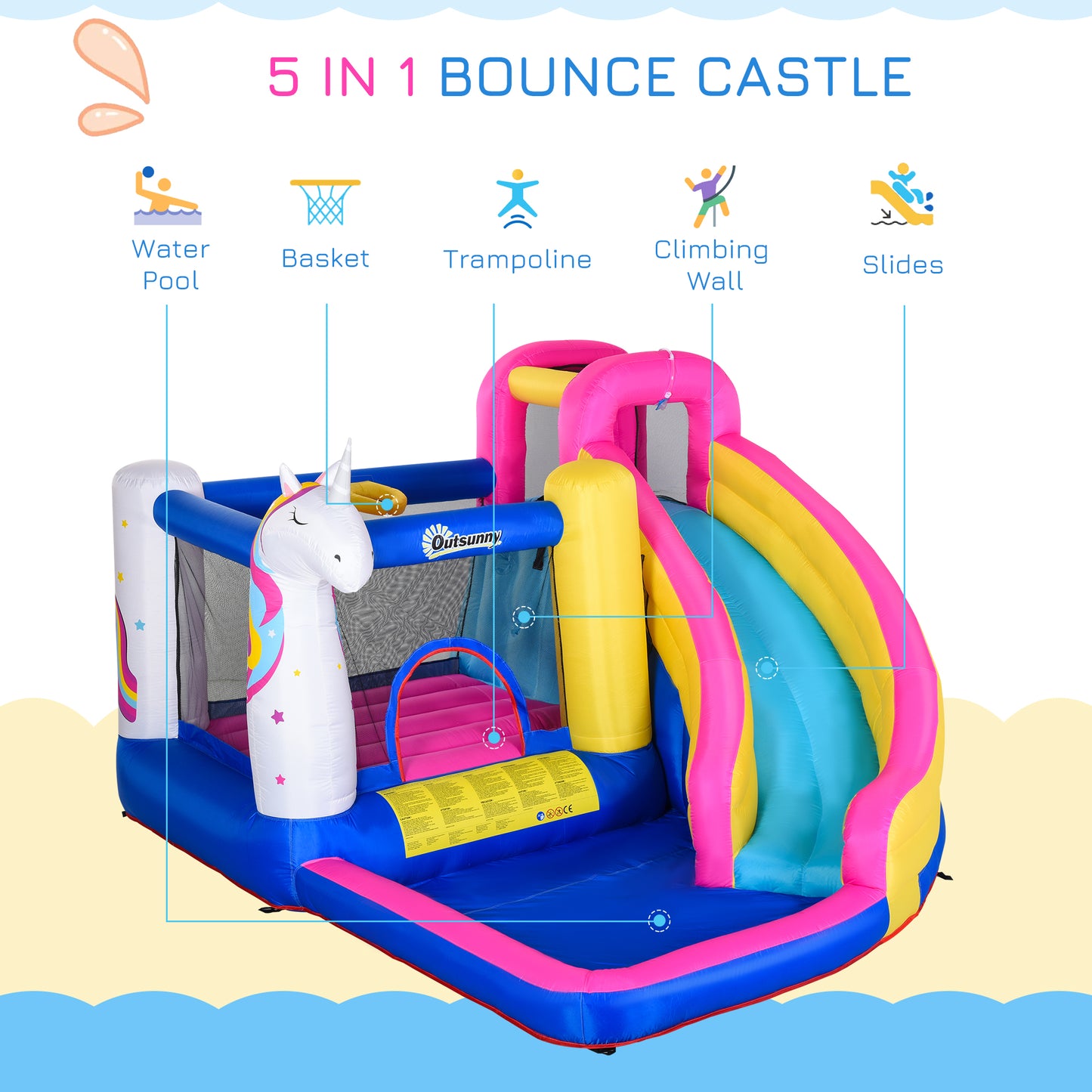 Outsunny 5 in 1 Bouncy Castle for Children with Blower for 3-8 Years Old Kids