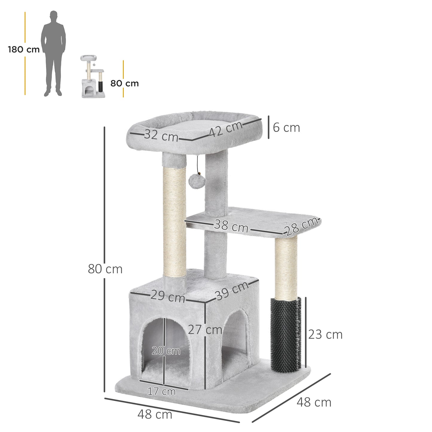 PawHut Cat Tree Tower Climbing Activity Center Kitten Furniture with Sisal Post Scratching Massage Toy 48 x 48 x 80cm Light Grey