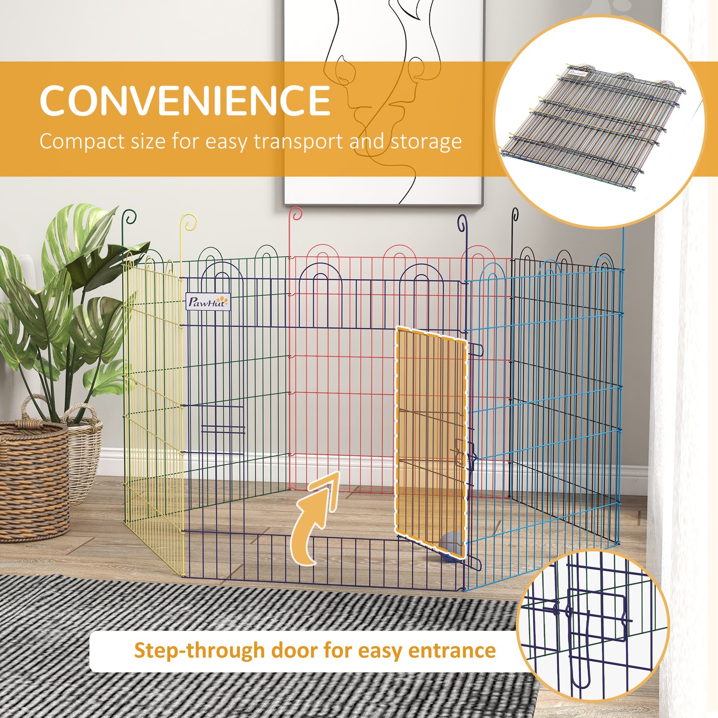 Pet Playpen | 6 Configurable Panels | Lockable Door | Indoor & Outdoor | Small Dogs, Cats, Rabbits & Small Pets | 60 x Ø120cm | Multicolour