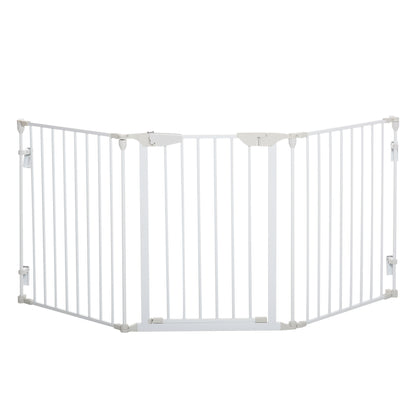 PawHut Pet Safety Gate 3-Panel Playpen Fireplace Christmas Tree Metal Fence Stair Barrier Room Divider w/Walk Through Door, White
