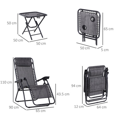 Outsunny 3 Piece Folding Zero Gravity Chairs Sun Lounger Table Set w/ Cup Holders Reclining Garden Yard Pool, Light Grey