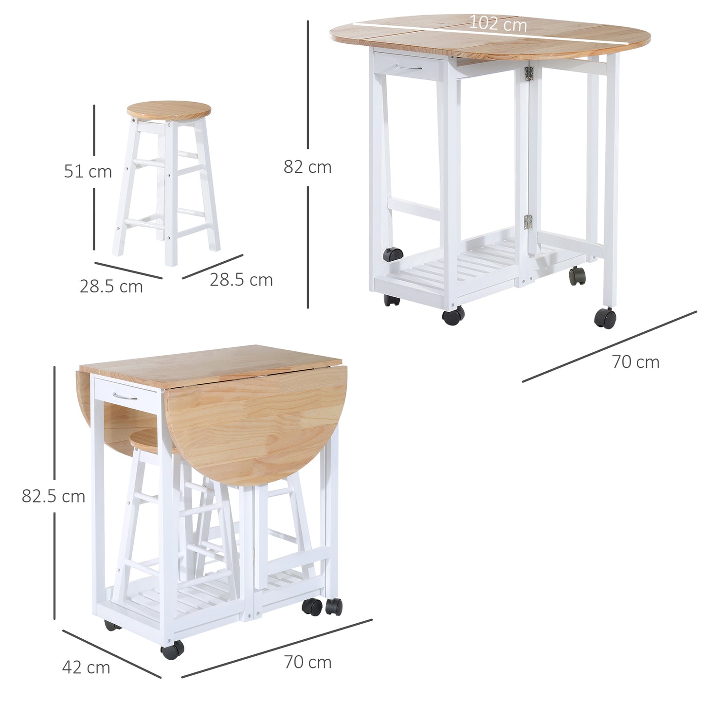 3 Piece Wooden Kitchen Cart Mobile Rolling Trolley Folding Bar Table Two Stools Dining Chair Storage Shelf w/2 Drawers & 6 Wheels