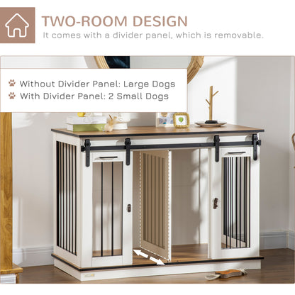 Dog Crate Furniture Side Table | Removable Divider | Double Sliding Doors | Large Dog or 2 Small Dogs | 120 x 60 x 88.5cm | White & Oak
