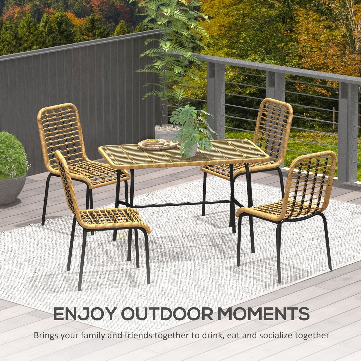 Outsunny 5 Piece Rattan Outdoor Dining Set Patio Conservatory w/ Tempered Glass Tabletop Hollowed-out Design - Natural Wood Finish
