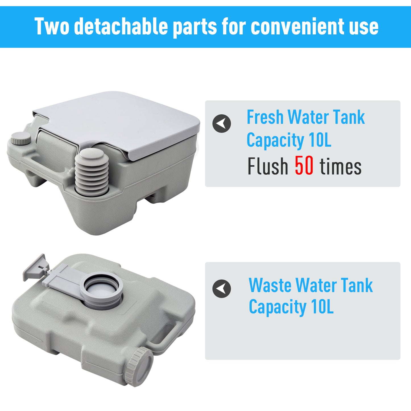 Portable Travel Toilet Outdoor Camping Picnic with 2 Detachable Tanks & Push-button Operation, Grey 10L