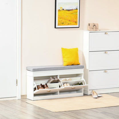 Shoe Storage Bench With Seat Cushion Hallway Cabinet Organizer with 2 Drawers Adjustable Shelf for Entryway Living Room Bedroom White