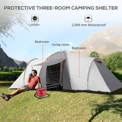 Outsunny 4-6 Man Tunnel Tent Camping Tent with 2 Bedroom, Vestibule, Bag, 2000mm Waterproof, UV50+ for Fishing, Hiking, Festival