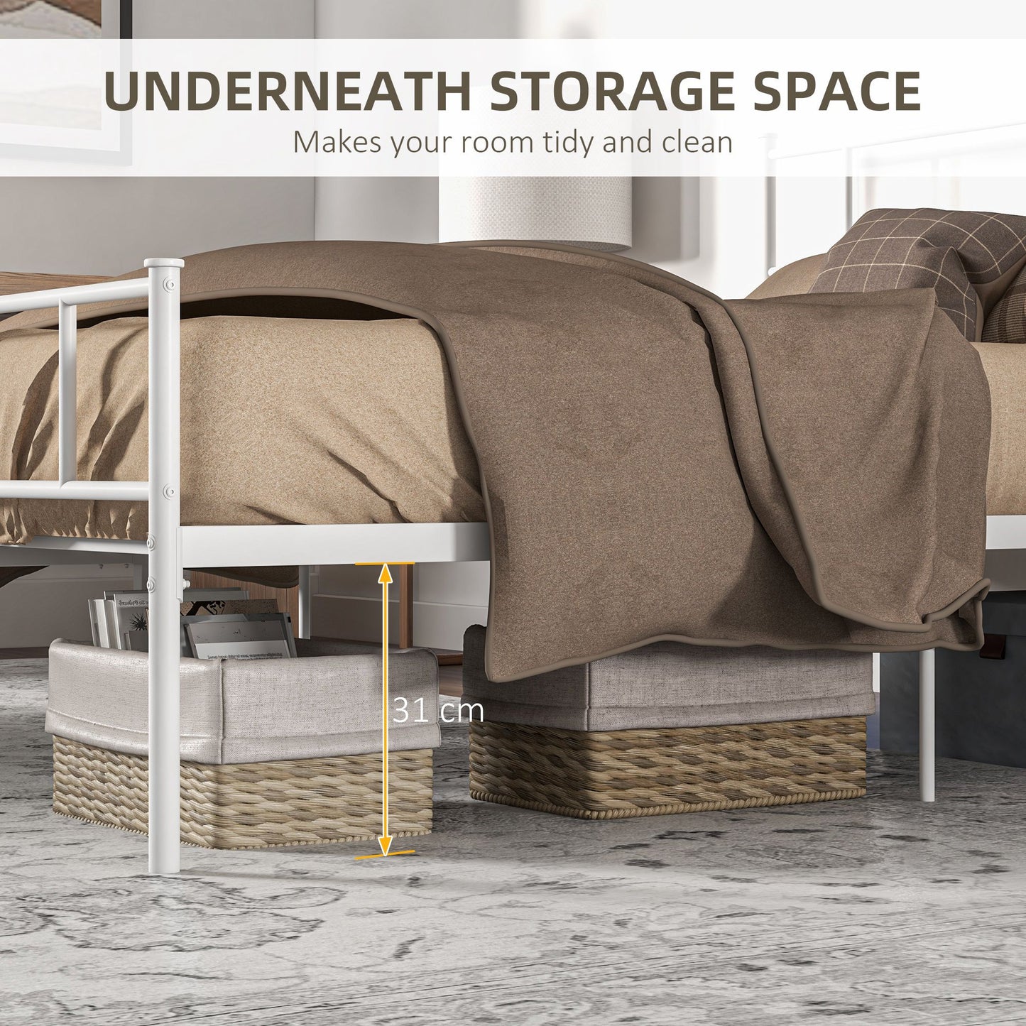 King Bed Frame, Metal Bed Base with Headboard and Footboard, Metal Slat Support and 31cm Underbed Storage Space