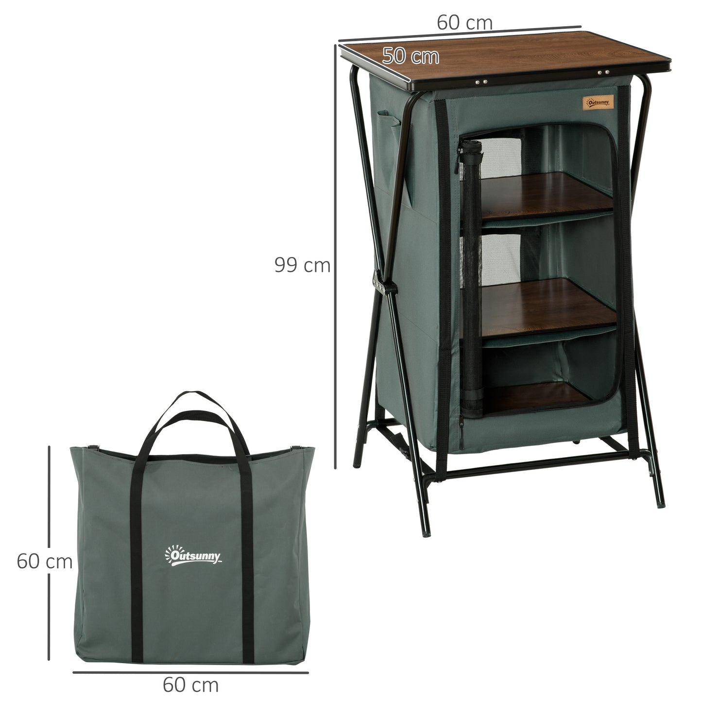 Outsunny Camping Cupboard, Aluminium Foldable Kitchen Station Cook Table w/ Storage Shelves and Carrying Bag for BBQ Party Picnic Backyard