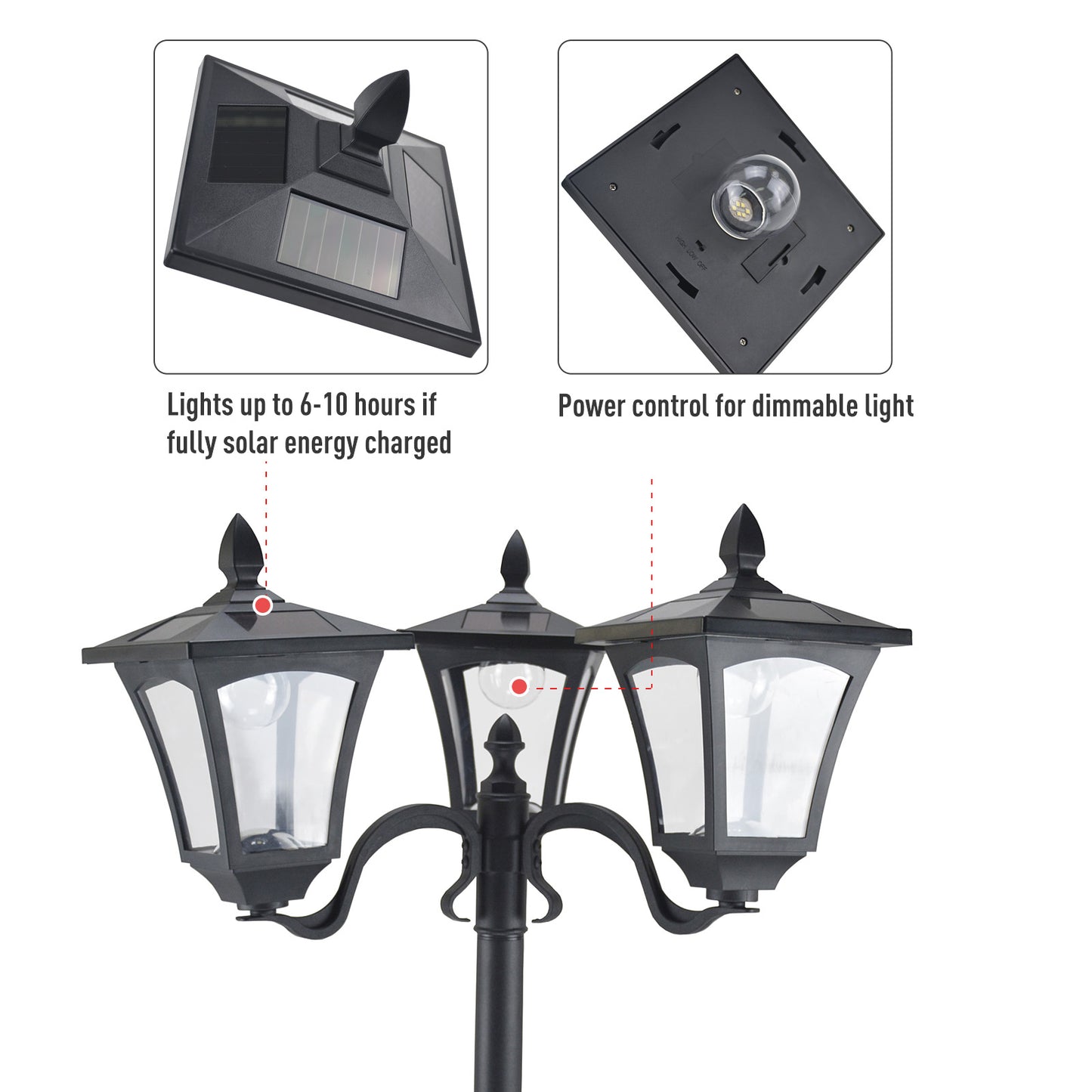 Outsunny 3-Solar Powered Lamp Post, IP44, 51.5Lx47Wx182.5H cm-Black