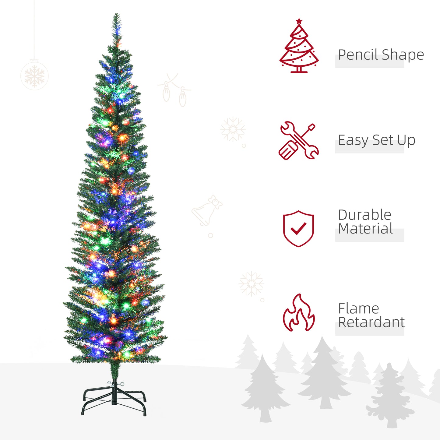 6' Artificial Prelit Christmas Trees Holiday Décor with Colourful LED Lights, Pencil Shape, Steel Base