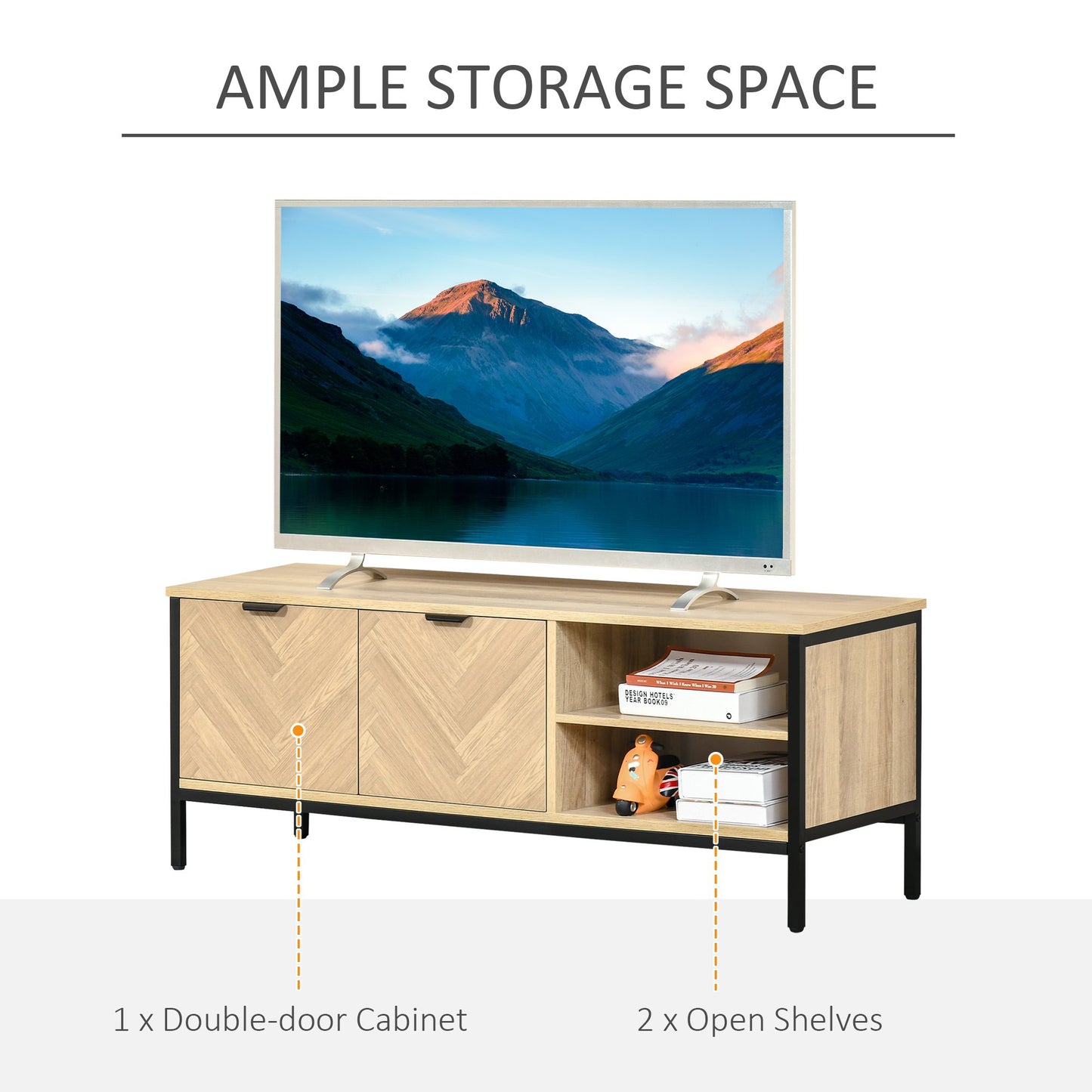 Double Door TV Cabinet Stand with Adjustable Storage Shelves Entertainment Unit Centre Home Furniture, for Living Room Bedroom, Natural