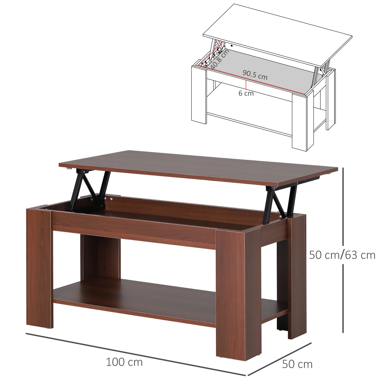 Modern Lift Up Top Coffee Table Desk Hidden Storage Bottom Shelf  100W x 50D x 63H cm