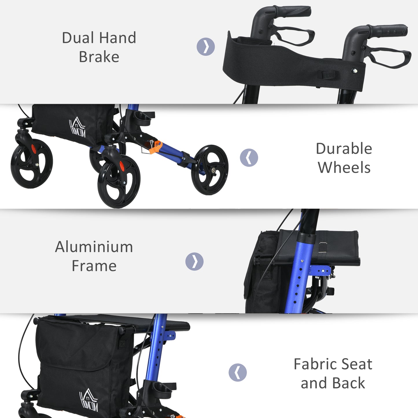4 Wheel Rollator With Seat And Back Folding With Carry Bag, Adjustable Height, Dual Brakes, Cane Holder - Blue