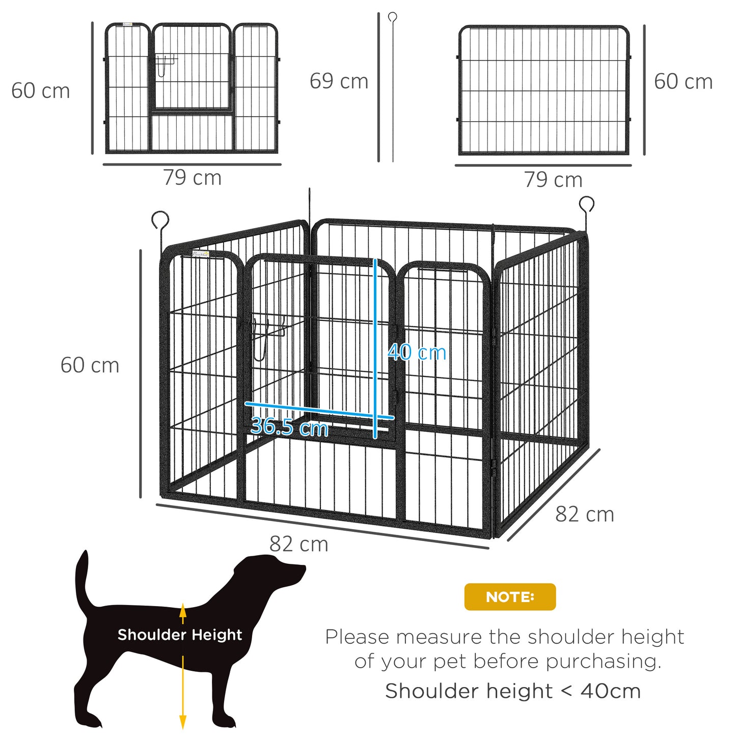 Pet Playpen | 4 Heavy-Duty Metal Panels | Lockable Step-Through Door | Ground Stakes | Foldable | Indoor & Outdoor | 82 x 82 x 60cm | Grey