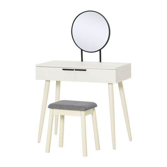 Dressing Table Set with Round Mirror Vanity Table Set w/ Makeup Desk, Cushioned Stool, 2 Drawers for Jewelry Storage, White