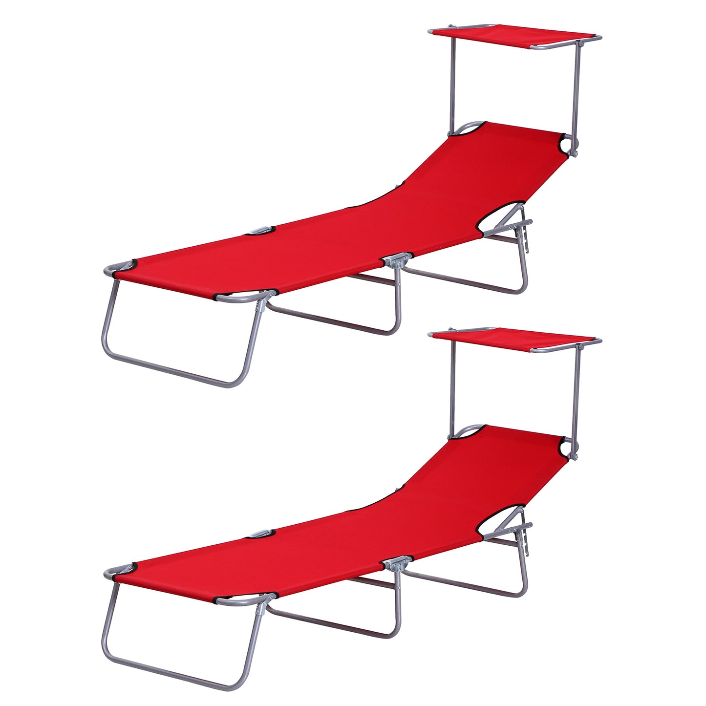 Outsunny 2 Piece Folding Sun Lounger, Lounge Chairs Reclining Sleeping Bed with Adjustable Sun Shade Awning for Beach, Patio