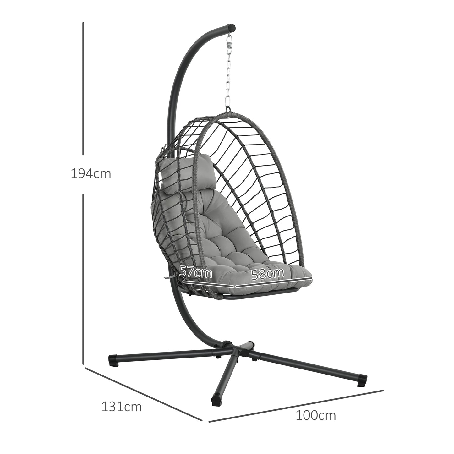 Outsunny Outdoor PE Rattan Swing Chair With Thick Padded Cushion, Foldable Basket Patio Hanging With Metal Stand - Light Grey