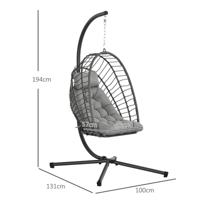 Outsunny Outdoor PE Rattan Swing Chair With Thick Padded Cushion, Foldable Basket Patio Hanging With Metal Stand - Light Grey