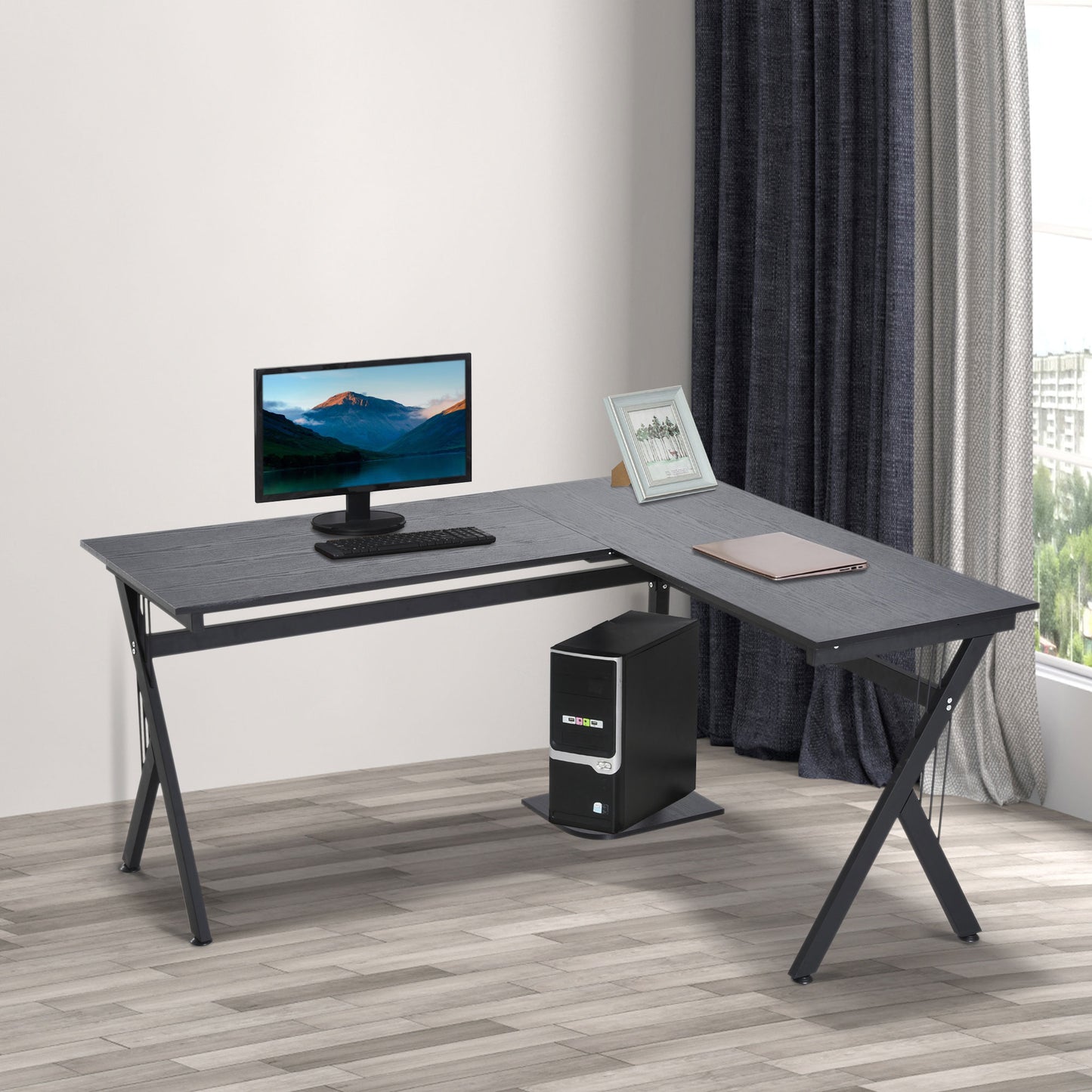 L-Shaped Corner Computer Desk Laptop Workstation PC Table Home Office With CPU Stand Black