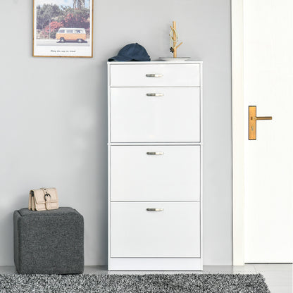 Shoe Cabinet with 4 Drawers Storage High Gloss Cupboard with Flip Doors Pull Down Furniture Unit with Adjustable Shelves for 18 Pairs White