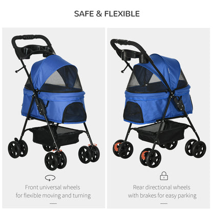 PawHut Pet Stroller Dog Cat Travel Pram Pushchair One-Click Fold Trolley Jogger with EVA Wheels Brake Basket Adjustable Canopy Safety Leash Blue