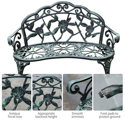Outsunny Cast Aluminium Outdoor Garden Patio Antique Rose Style Bench Porch Park Chair Seater - Green